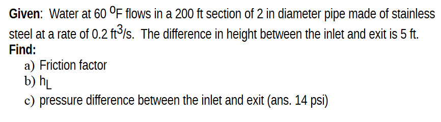 Solved Given: Water at 60°F ﻿flows in a 200ftsection of 2 | Chegg.com