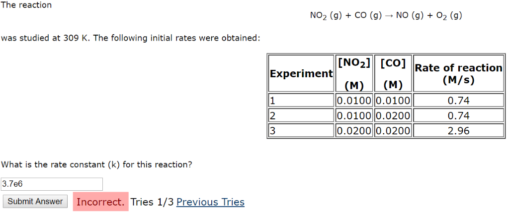 Solved The reaction NO2 (g) + CO (g) → NO (g) + 02 (9) was | Chegg.com