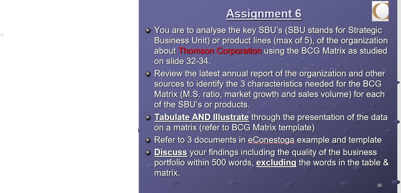 Assignment 6 You are to analyse the key SBU's (SBU | Chegg.com