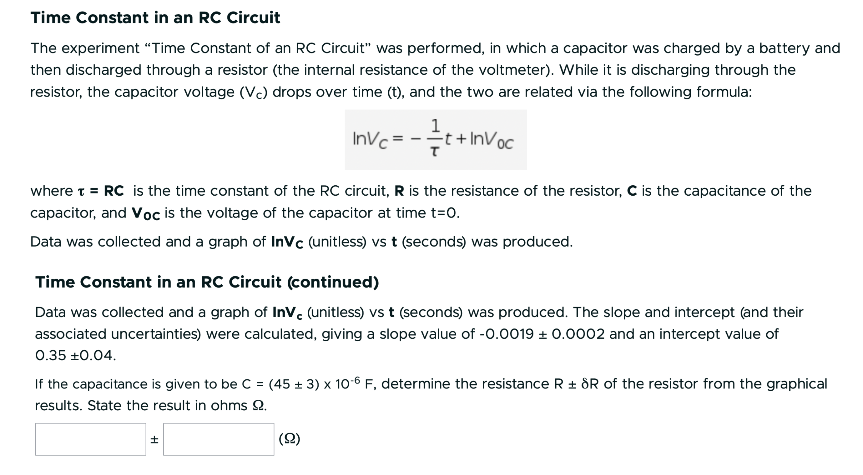 Solved Time Constant In An Rc Circuit The Experiment Time