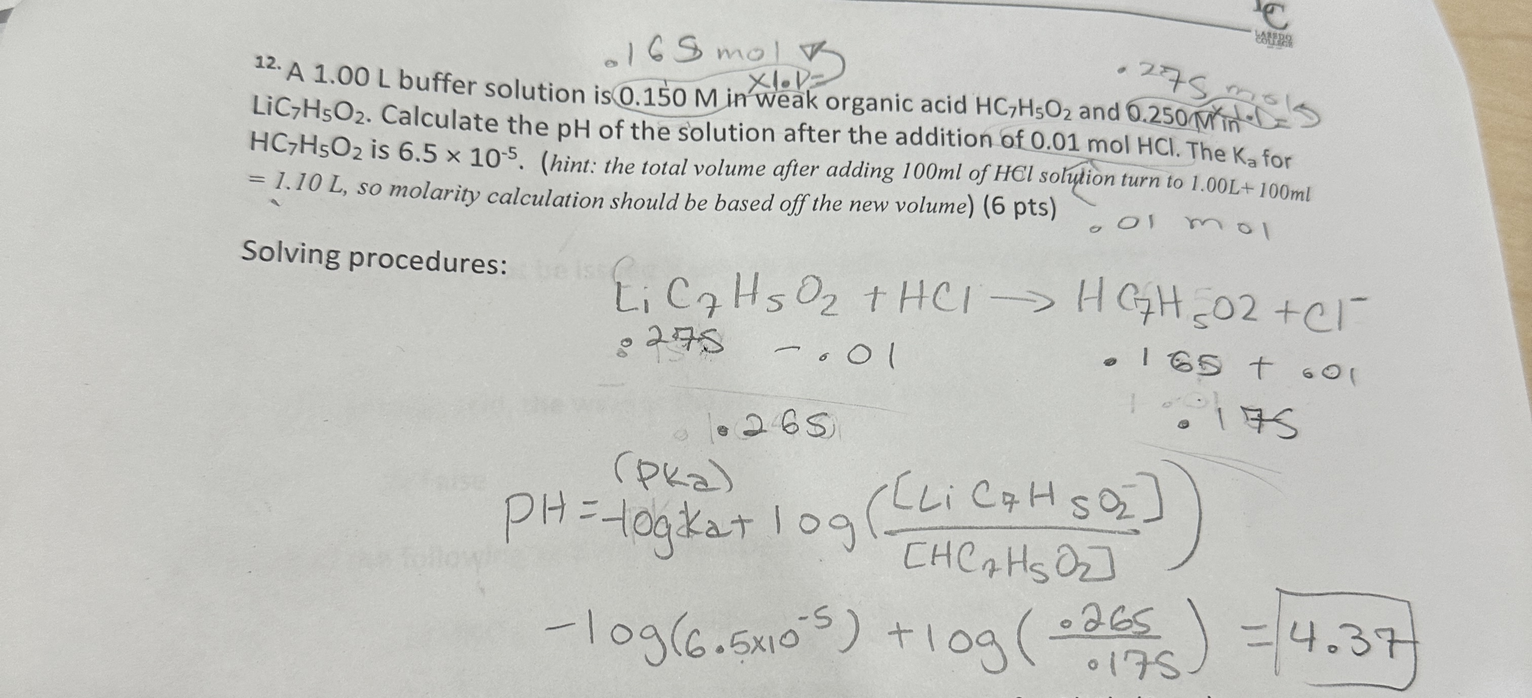 Solved 12. A 1.00 L buffer solution is 0.150Min×1.P= | Chegg.com