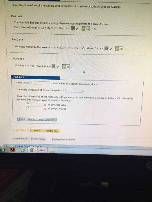 Solved Find the dimensions of a rectangle with perimeter 64 | Chegg.com