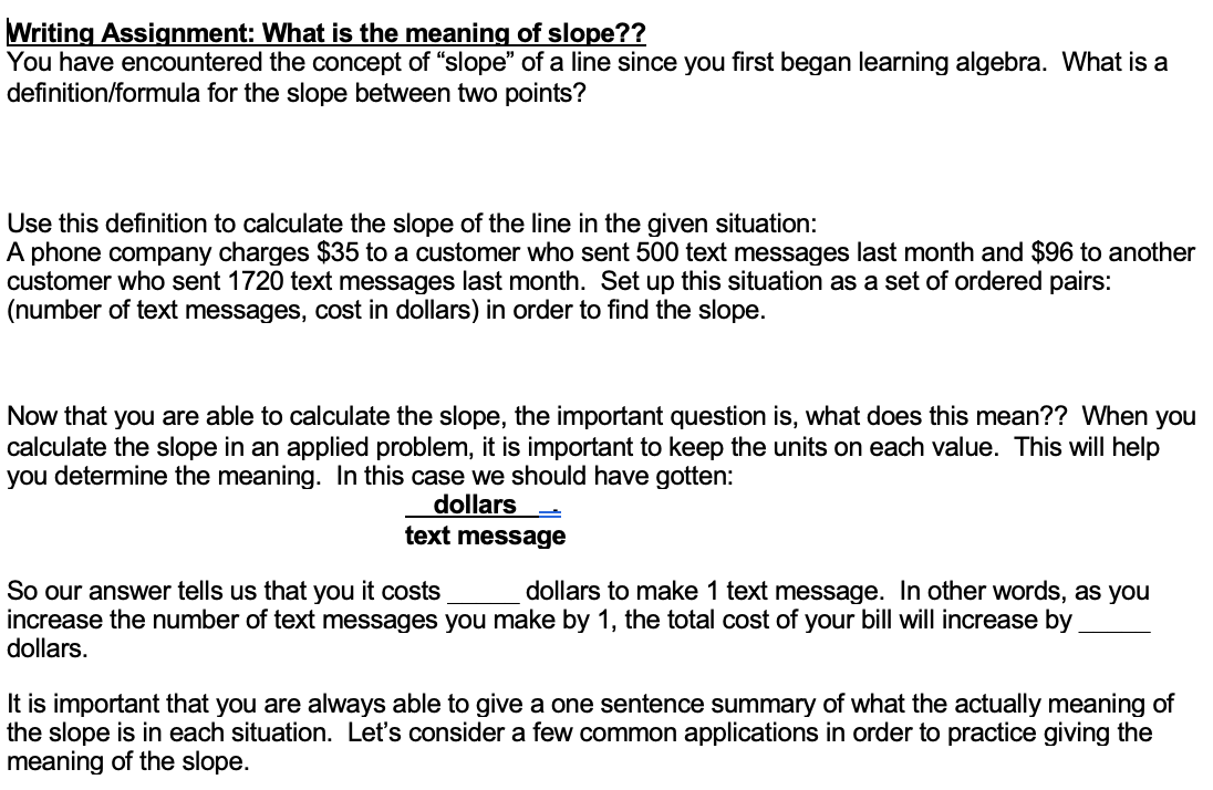 Solved Writing Assignment What Is The Meaning Of Slope Chegg Com