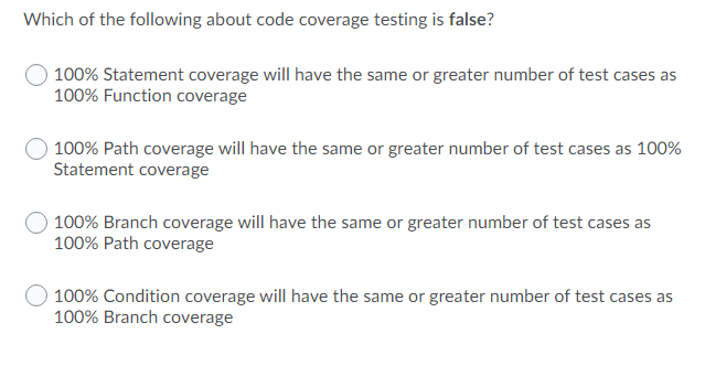 Solved Which of the following about code coverage testing is | Chegg.com