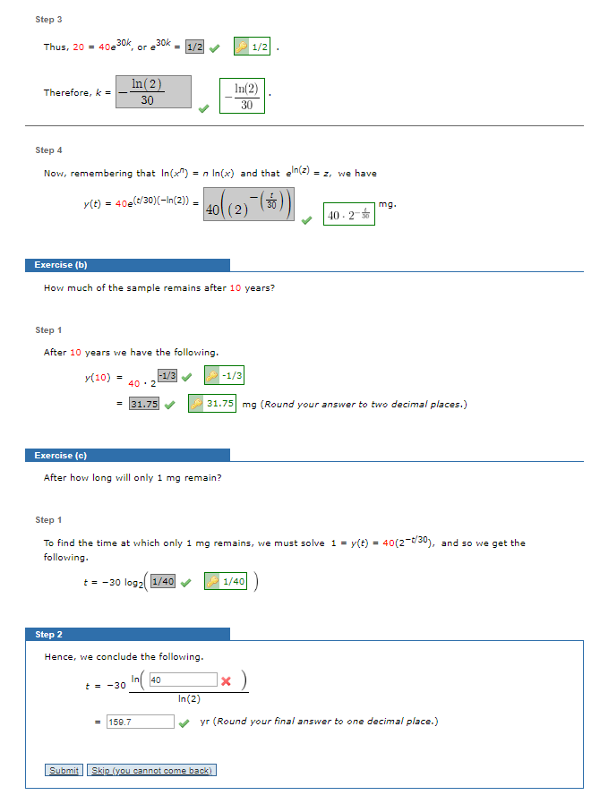 Solved Step 3 30k Thus, 20 40e" 3оk =1/2 1/2 or e In(2) n(2) | Chegg.com