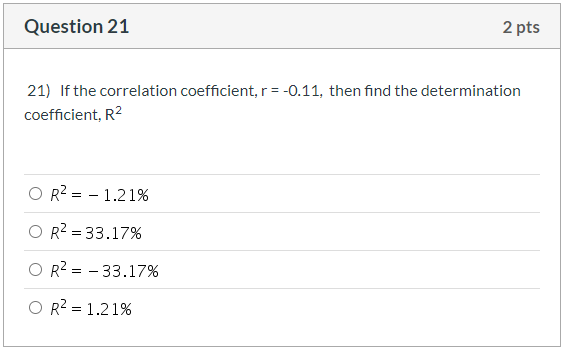 Solved Question 21 2 pts 21) If the correlation coefficient, | Chegg.com