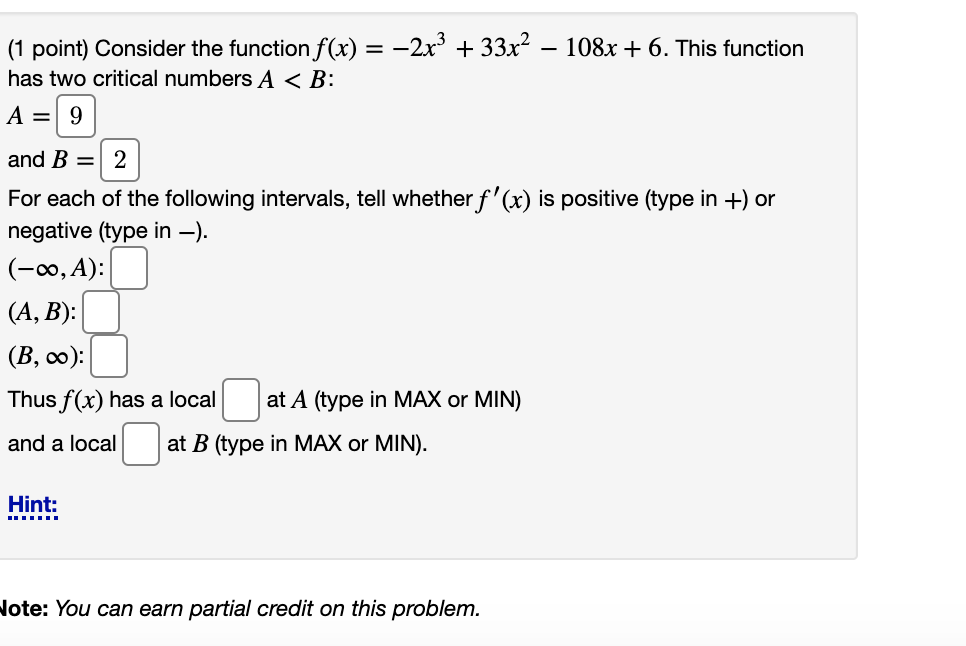 Solved (1 point) Consider the function f(x) = –2x3 + 33x2 – | Chegg.com