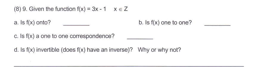 Solved (8) 9. Given the function f(x) = 3x - 1 XEZ a. Is | Chegg.com