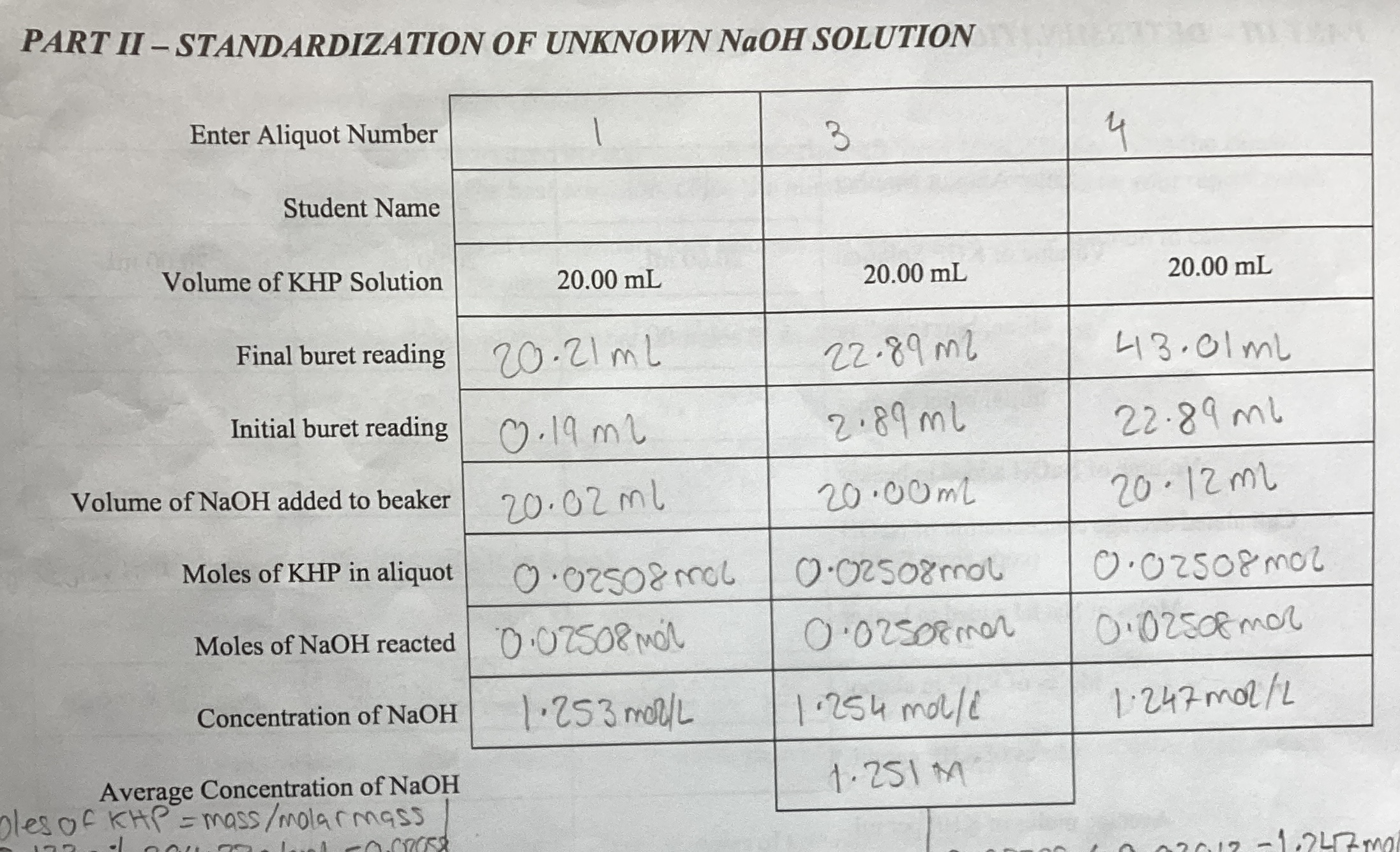 Solved PART II - STANDARDIZATION OF UNKNOWN NaOH | Chegg.com