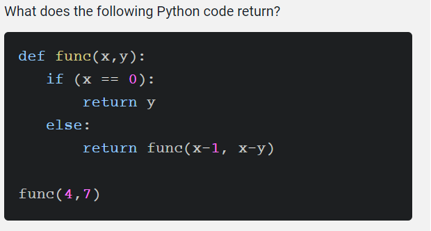 Solved what does this python code return deffunc(x,y) ﻿:if | Chegg.com