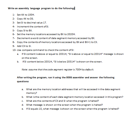 Solved Write an assembly language program to do the | Chegg.com