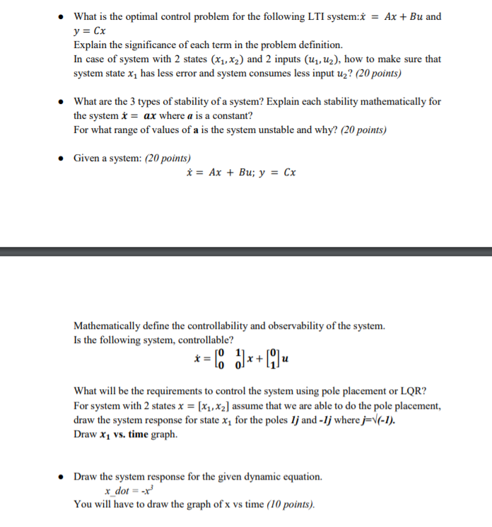 What is the optimal control problem for the following | Chegg.com