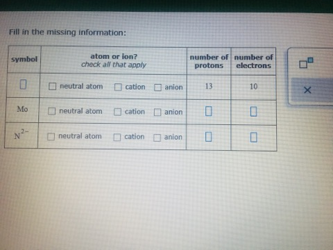 Solved Fill in the missing information: symbol atom or lon? | Chegg.com