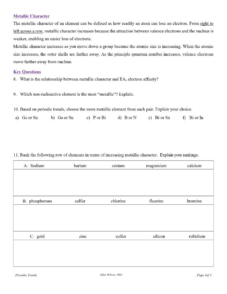 Solved Metallic Character The metallic character of an | Chegg.com