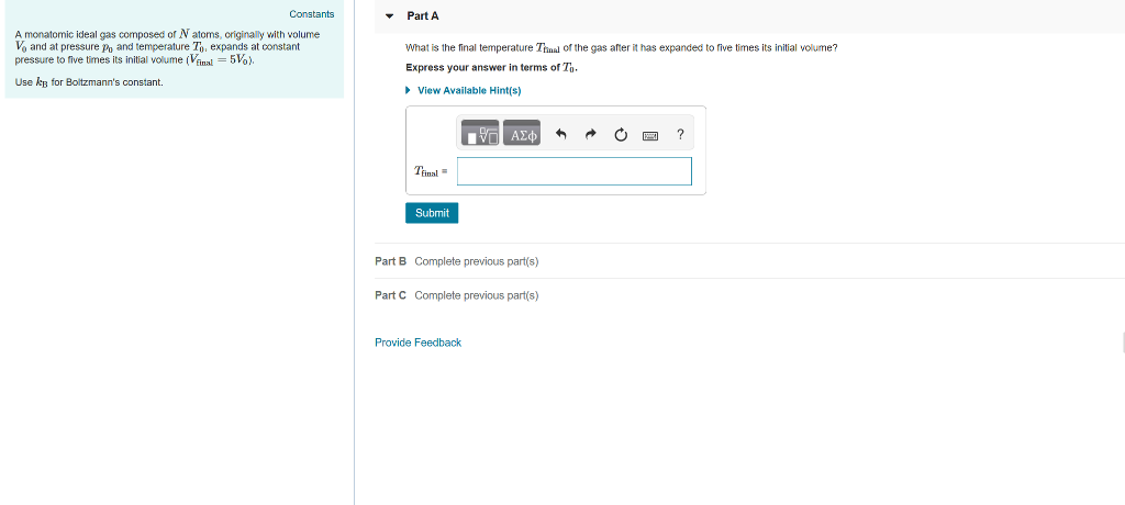 Solved Constants Part A A monatomic ideal gas composed of N | Chegg.com