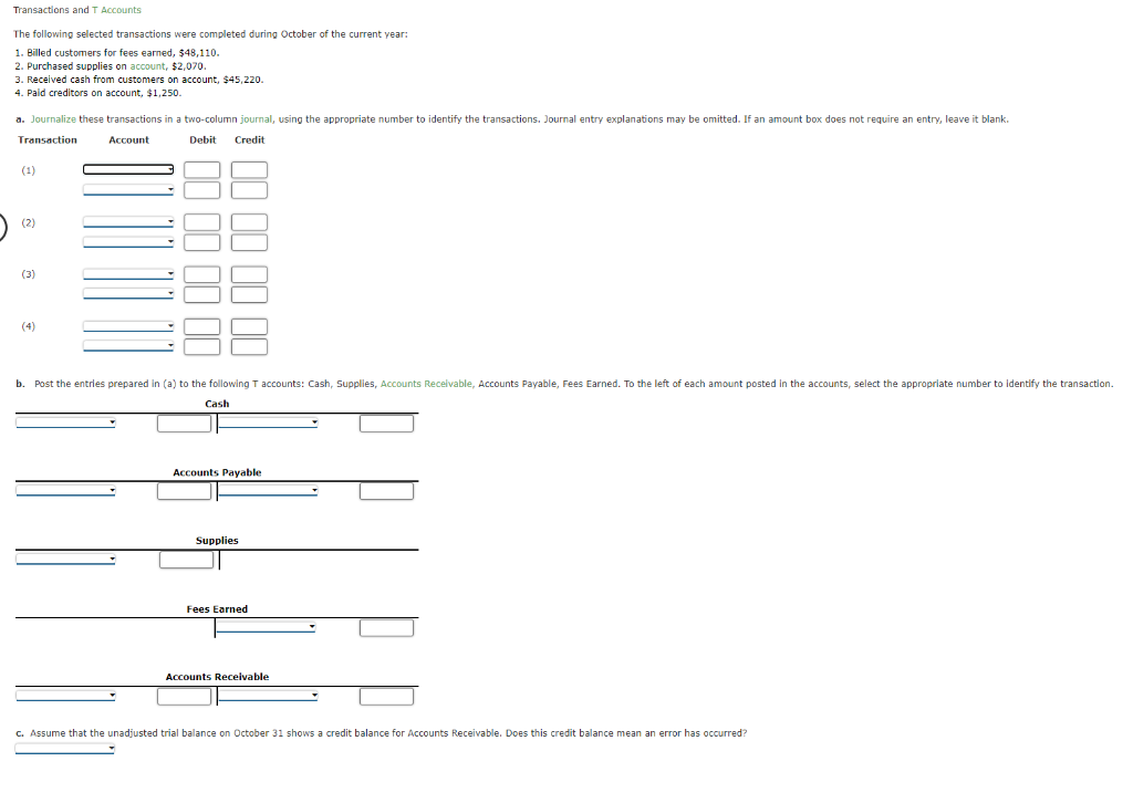 Solved Transactions and T Accounts The following selected | Chegg.com