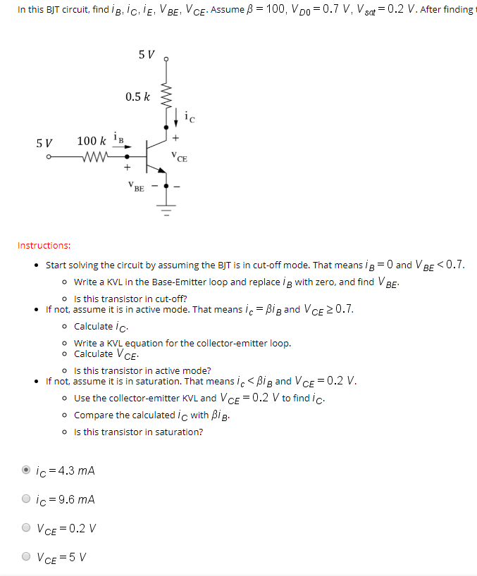 Solved in this B T Circuit, find ів, ic. E' VBE, VCE, Assume | Chegg.com