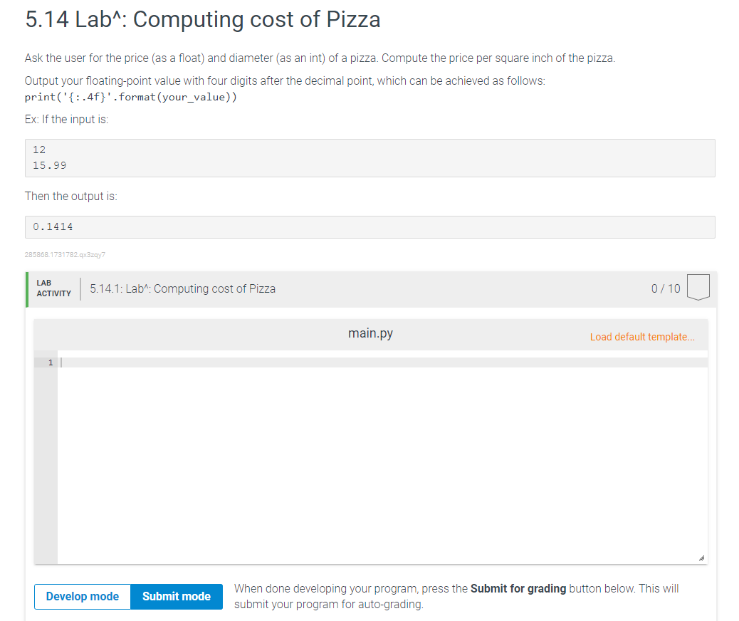 Solved For Python 5.14 Lab^ Computing cost of Pizza Ask the