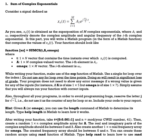 1. Sum of Complex Exponentials Consider a signal | Chegg.com