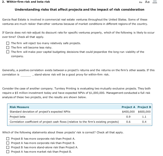 Solved 2. Within-firm Risk And Beta Risk Aa Aa Understanding | Chegg.com