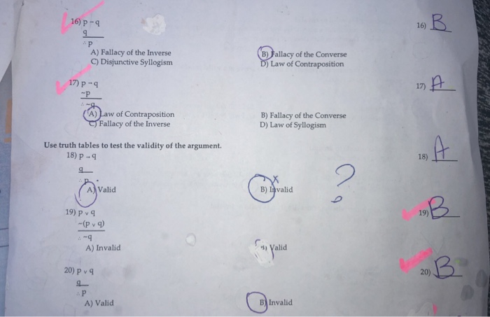 Solved 16) p-q 16) A) Fallacy of the Inverse C) Disjunctive | Chegg.com