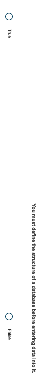 You must define the structure of a database before entering data into it.
True
False