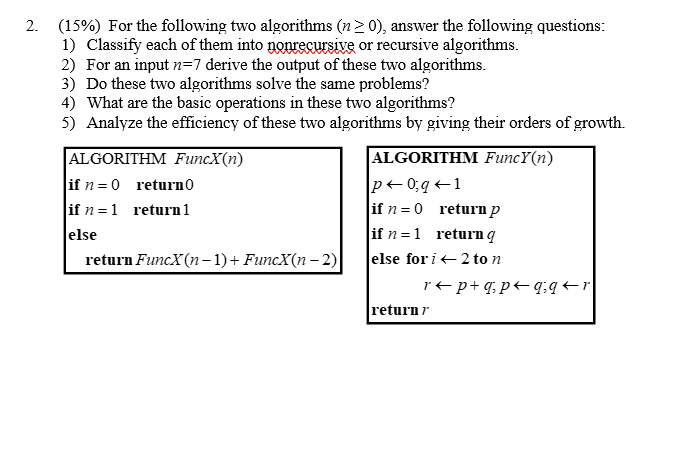 Solved 2. (15%) For the following two algorithms (n>0), | Chegg.com