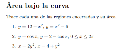 Trace cada una de las regiones encerradas y su área. 1. \( y=12-x^{2}, y=x^{2}-6 \) 2. \( y=\cos x, y=2-\cos x, 0 \leq x \leq