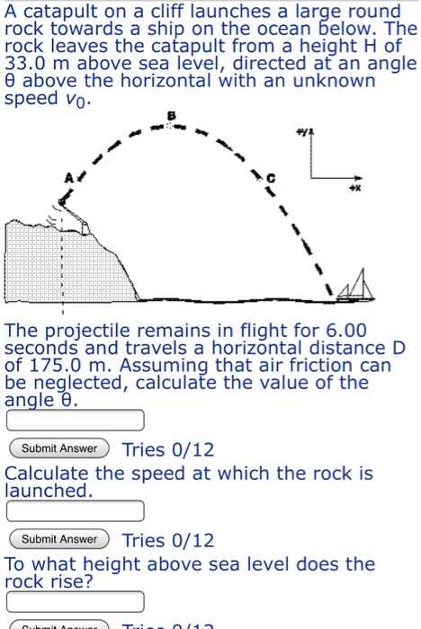 Solved A catapult on a cliff launches a large round rock | Chegg.com