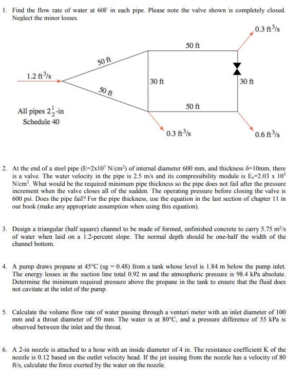 Solved . Find the flow rate of water at 60F in each pipe. | Chegg.com