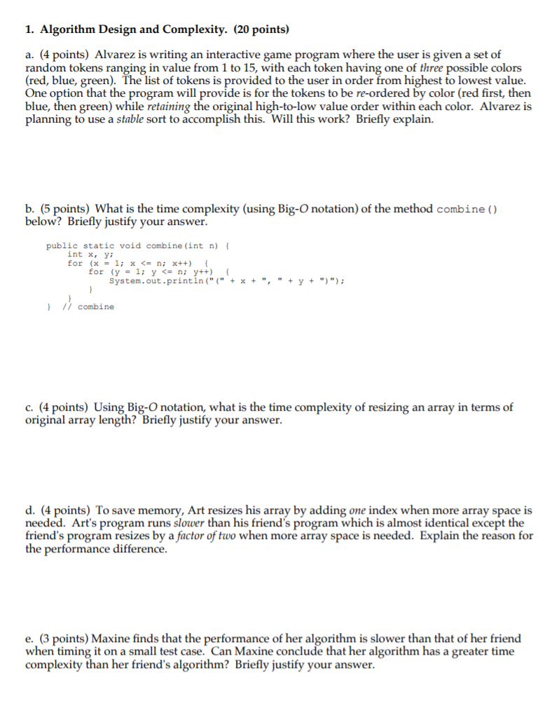 1. Algorithm Design and Complexity. (20 points) a. (4 | Chegg.com