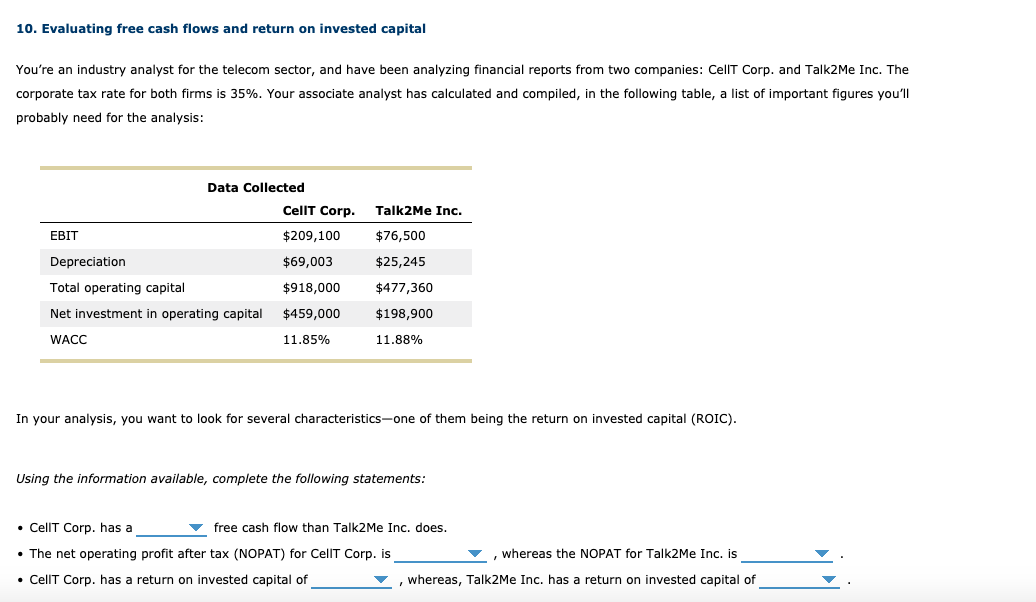 Solved 10 Evaluating Free Cash Flows And Return On Invested