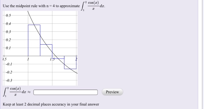 Solved 2 cos(x) Use the midpoint rule with n- 4 to | Chegg.com