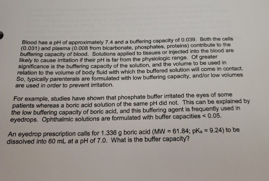 Solved Blood has a pH of approximately 7.4 and a buffering | Chegg.com