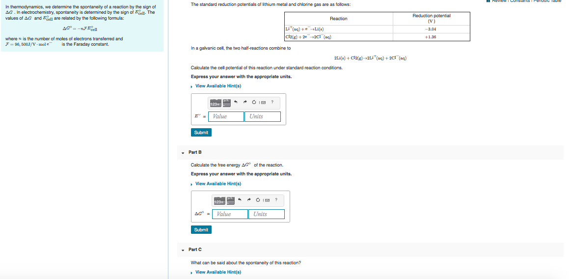 Solved The standard reduction potentials of lithium metal
