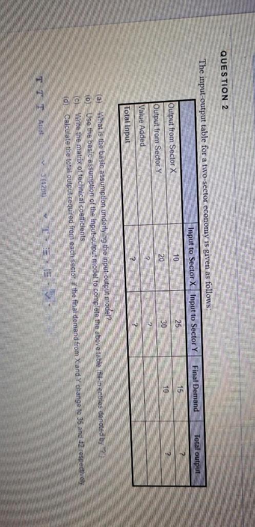 Solved QUESTION 2 The input-output table for a two-sector | Chegg.com
