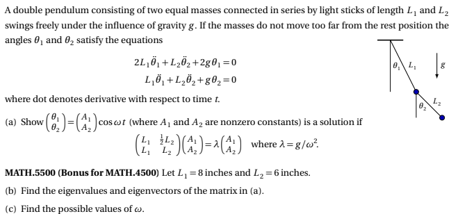 Solved A double pendulum consisting of two equal masses | Chegg.com