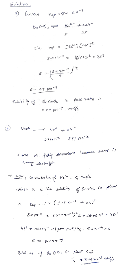 Solved What is the solubility of Be(OH)2 in (a) Pure water | Chegg.com