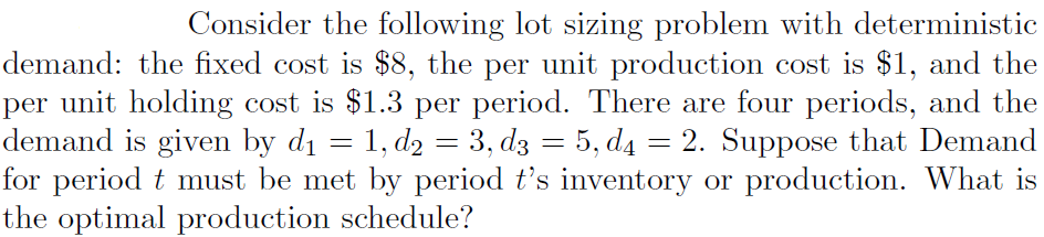 Consider the following lot sizing problem with | Chegg.com