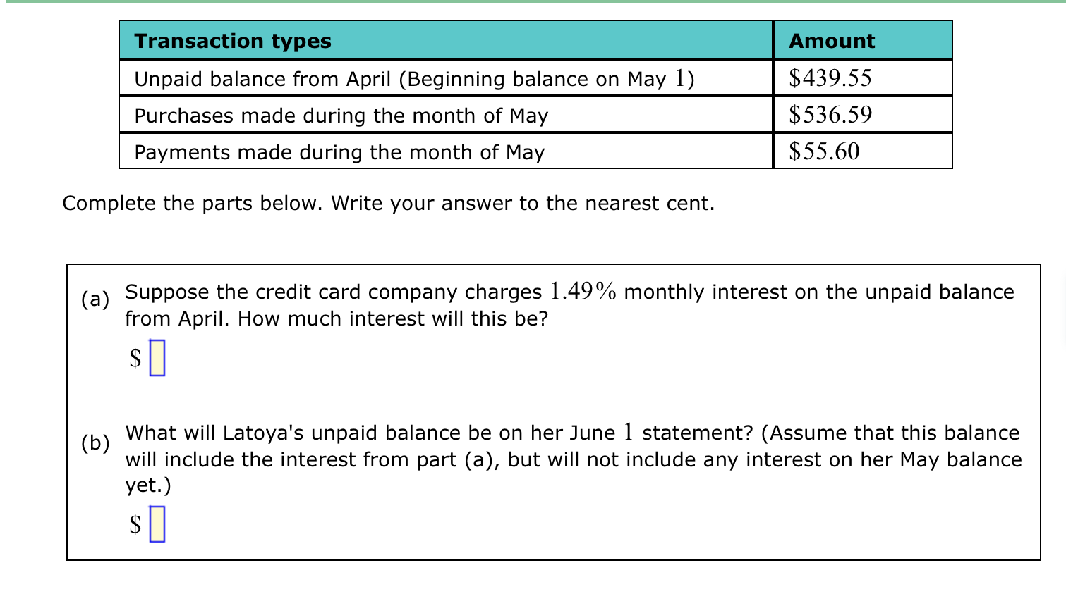 Solved Amount Transaction types Unpaid balance from April | Chegg.com