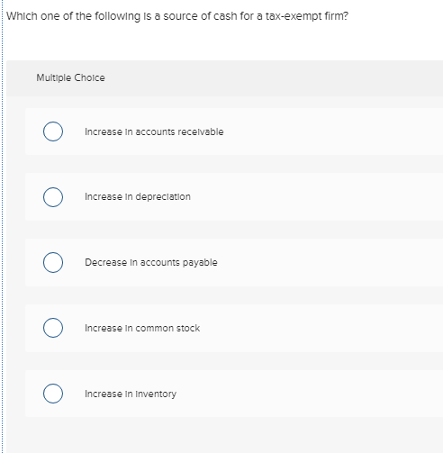 Solved Which one of the following is a source of cash for a | Chegg.com