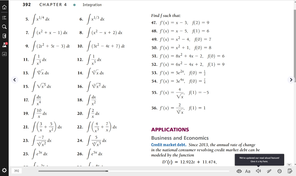 Solved 392 CHAPTER 4 Integration 5. X 1/4 Dx 6. 6 !!! OOR 8. | Chegg.com