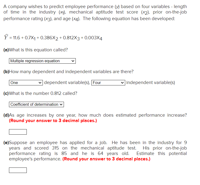 Solved A company wishes to predict employee performance (y)