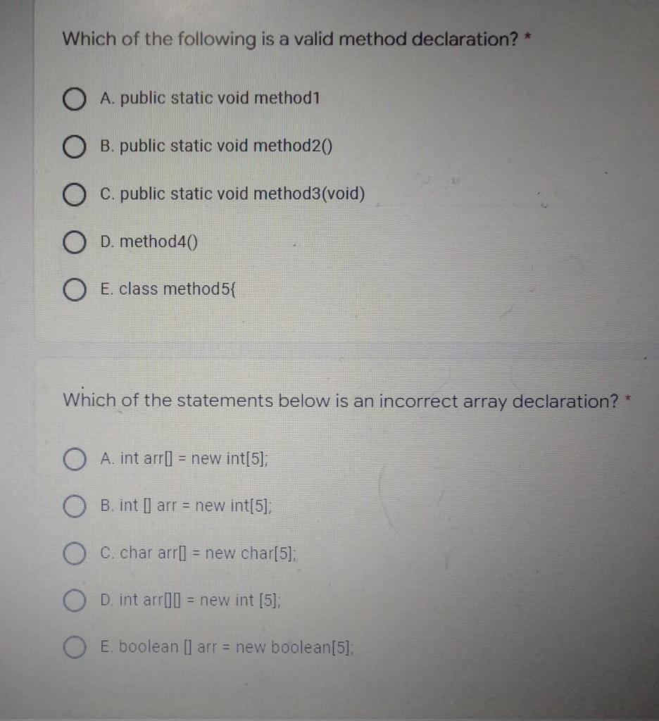 Solved Which of the following is a valid method declaration? | Chegg.com