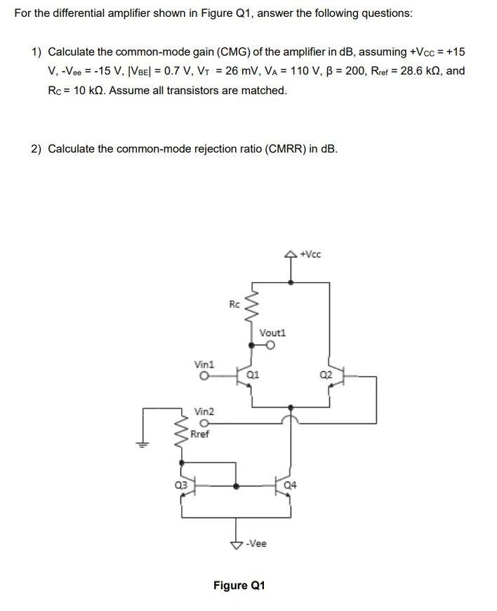 Solved For the differential amplifier shown in Figure Q1, | Chegg.com