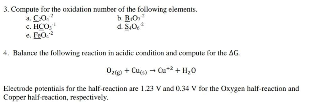 Solved 3. Compute for the oxidation number of the following | Chegg.com