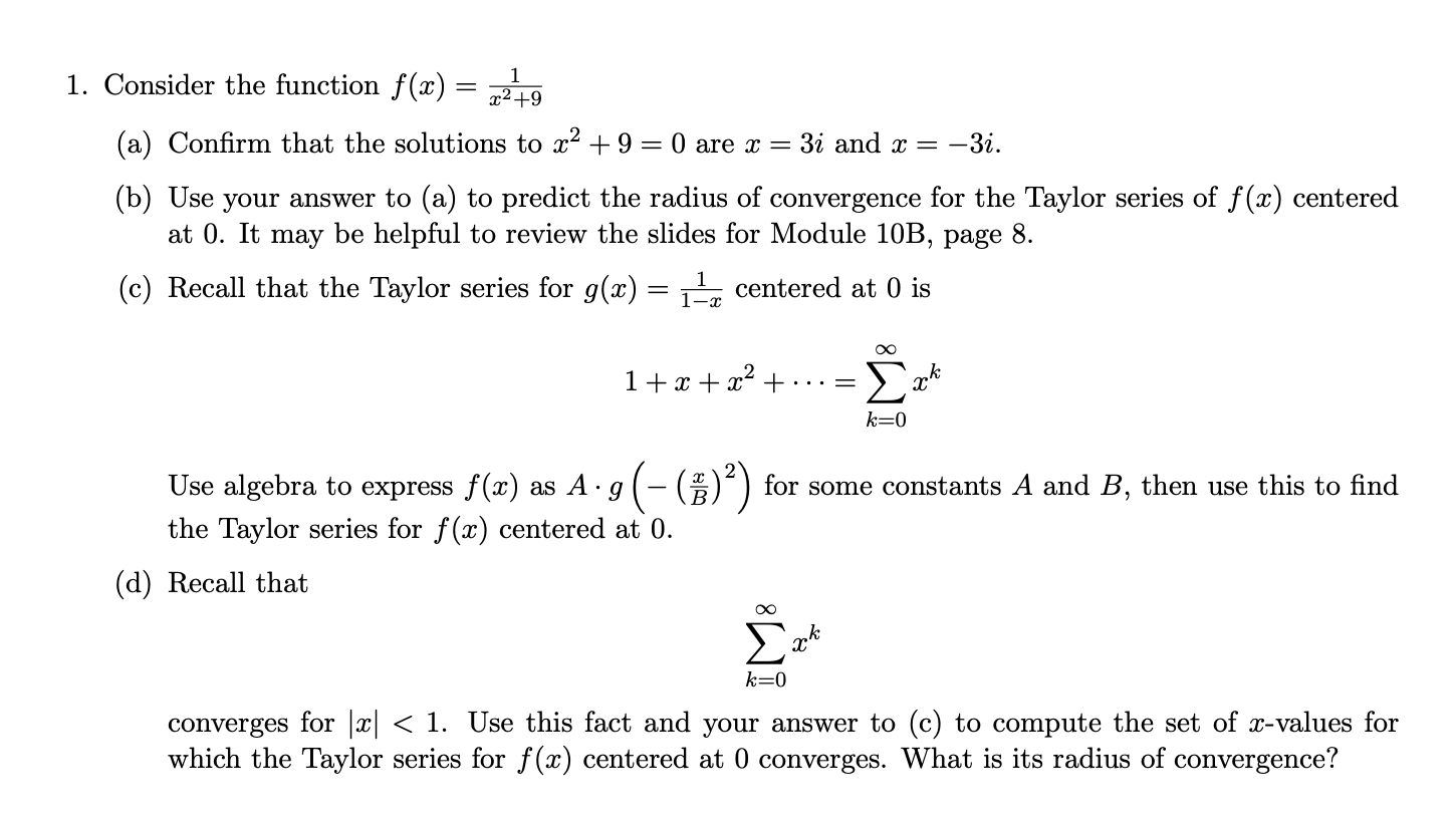 Solved 1. Consider the function f(x) = 1 x² +9 (a) Confirm | Chegg.com