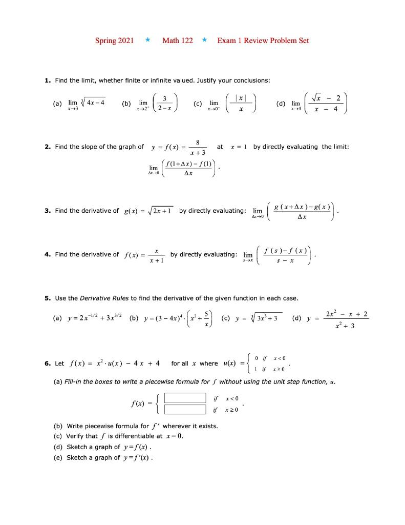 Solved Spring 2021 Math 122 Exam 1 Review Problem Set 1. | Chegg.com