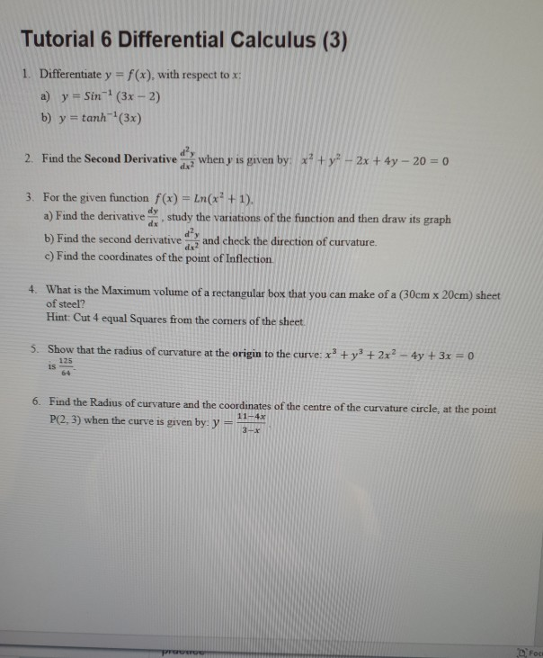 Solved Tutorial 6 Differential Calculus (3) 1. Differentiate | Chegg.com