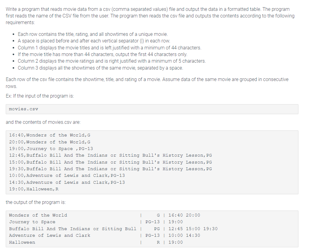 Solved Write a program that reads movie data from a csv | Chegg.com